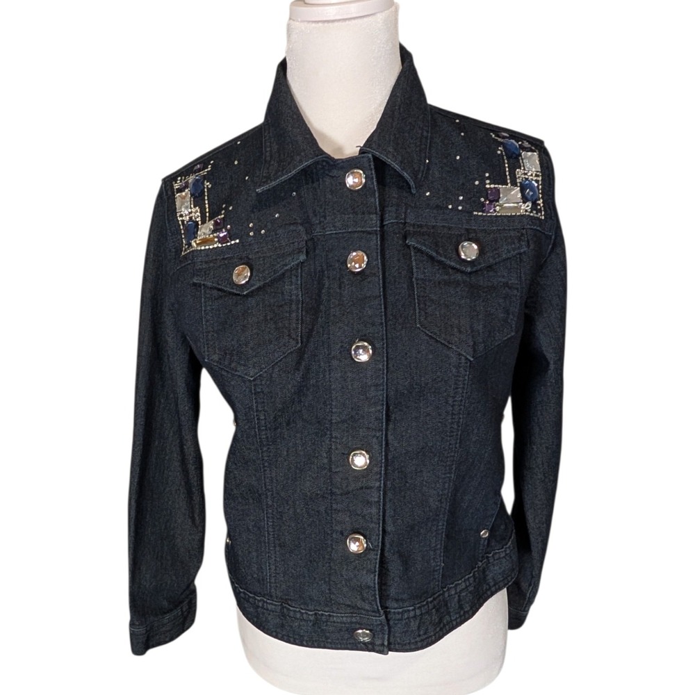 Chicos Platinum Denim Jacket Dark Wash Embellished Beaded Blue Size 0 Petite